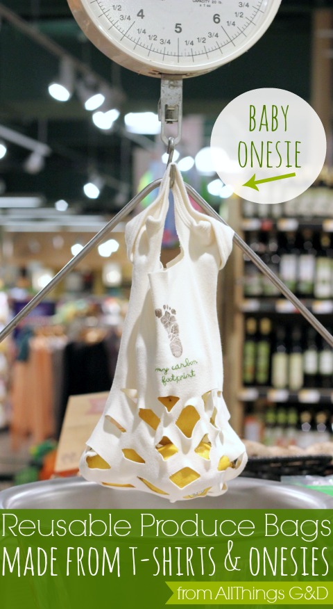 Reusable produce grocery bags made from t-shirts and baby onesies. | www.allthingsgd.com #repurpose #upcycle #green #earthday
