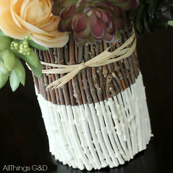 DIY Painted Twig Vase tutorial. Celebrate fall by bringing a little nature indoors! | www.allthingsgd.com  #fall #fallcrafts #falldecor #repurpose #diy