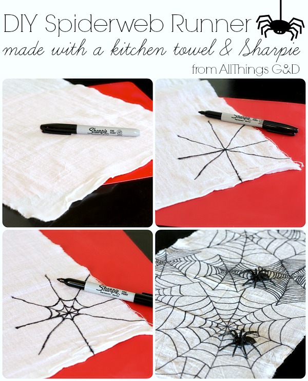 DIY Spiderweb Halloween Table Runner made with just a kitchen towel and Sharpie marker! | www.allthingsgd.com