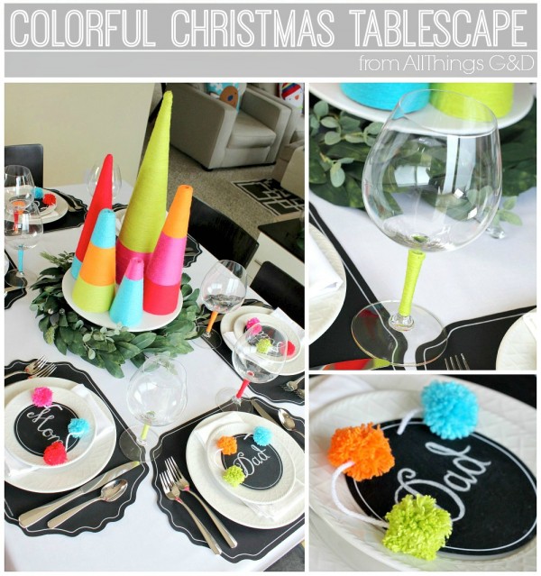 Bring color and whimsy to your holiday table with this colorful Christmas tablescape decorated with chalkboards and yarn! | www.allthingsgd.com
